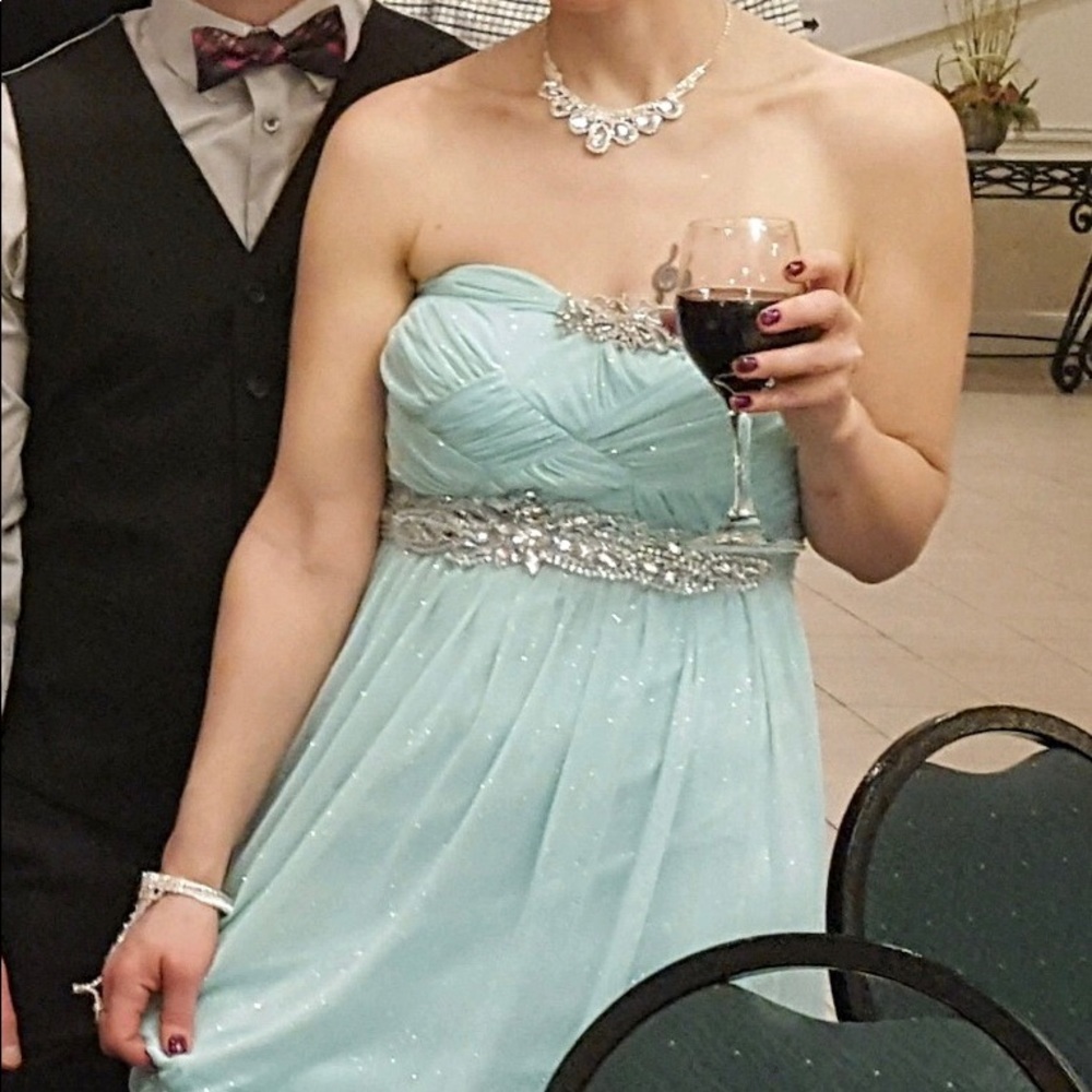 Long flirty mint strapless dress